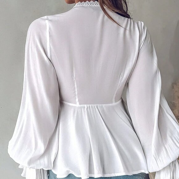 White Sexy Women's Contrast Lace Long Lantern Sleeve Blouse Peplum Top - Picture 2 of 3